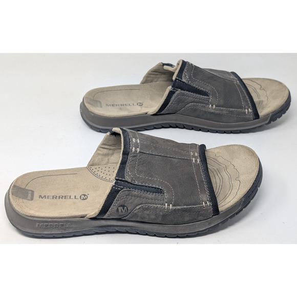Merrell Sandals Men's Size 10 Boulder Slip On Slides Brown Leather J61589 - Picture 1 of 9